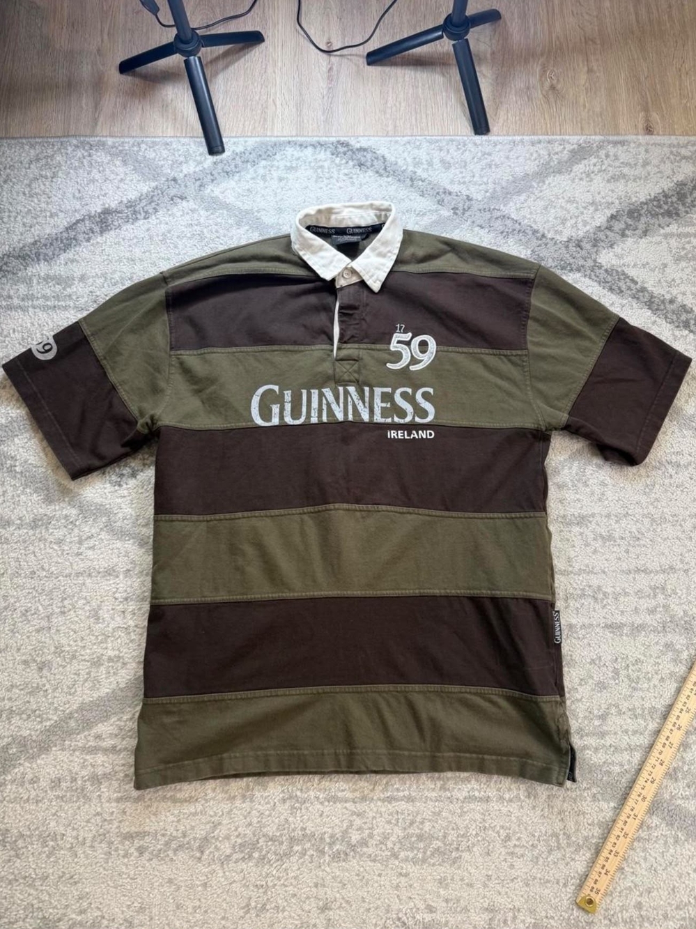 Guinness Olive & Brown Striped Rugby Polo with White Collar